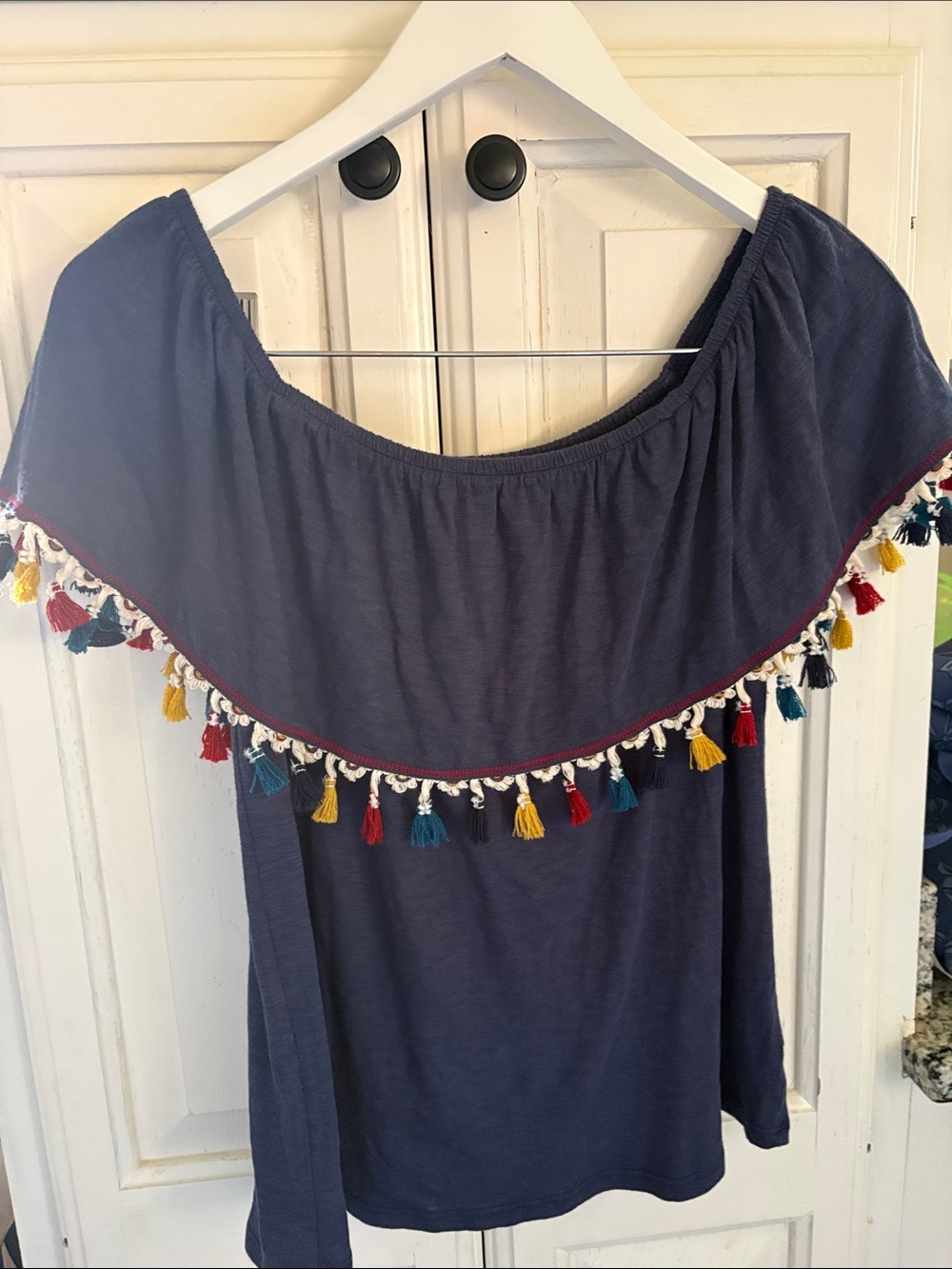 Allison Joy Navy Off-Shoulder Tassel Trim Top